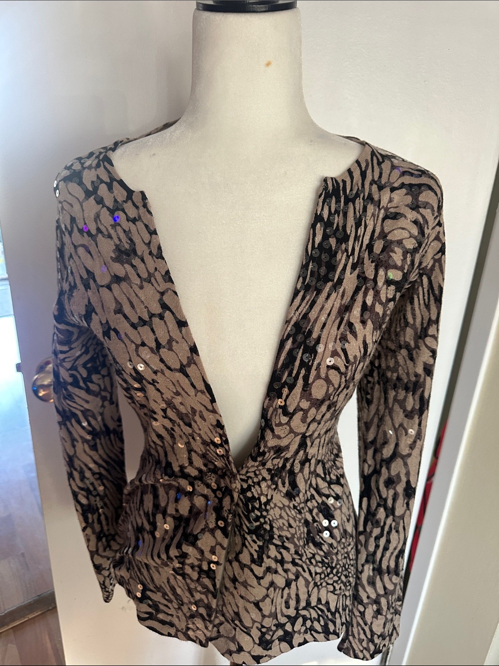 INC International Concepts Tan and Black Sequin Animal Print Top